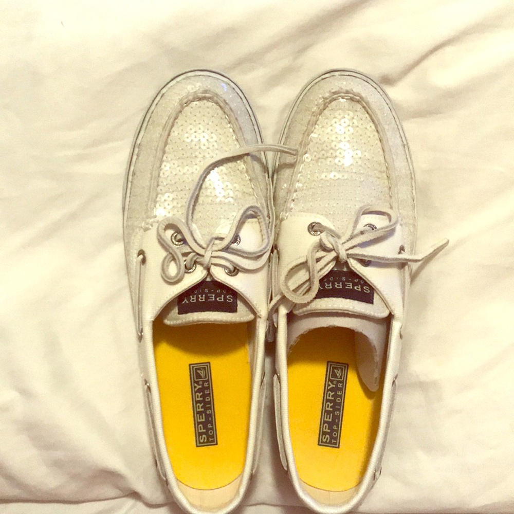 White sequin sperrys top-sider